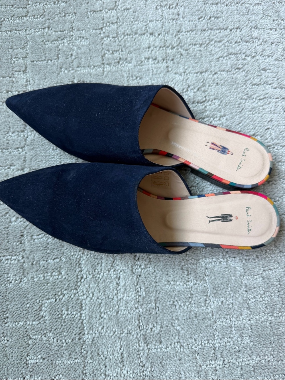 Paul Smith Navy Suede Pointed Mules with Multicolor Trim